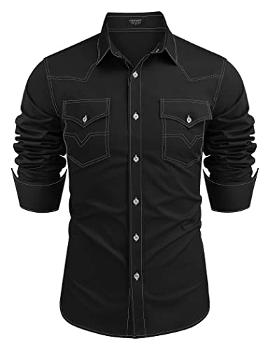 COOFANDY Mens Shirt Western Dress Long Sleeve Casual Cotton Button Down Denim Work, 01-Black, Large, Long Sleeve