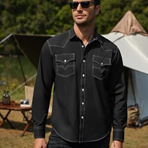 COOFANDY Mens Shirt Western Dress Long Sleeve Casual Cotton Button Down Denim Work, 01-Black, Large, Long Sleeve