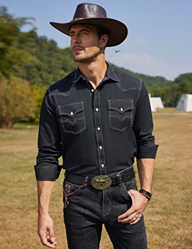 COOFANDY Mens Shirt Western Dress Long Sleeve Casual Cotton Button Down Denim Work, 01-Black, Large, Long Sleeve
