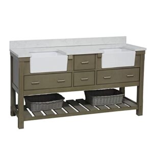 kitchen bath collection charlotte 72-inch double farmhouse vanity (engineered carrara/weathered gray): includes weathered gray cabinet with engineered carrara countertop and white ceramic apron sinks