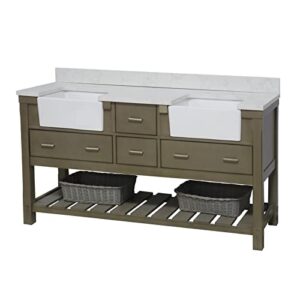 Kitchen Bath Collection Charlotte 72-inch Double Farmhouse Vanity (Engineered Carrara/Weathered Gray): Includes Weathered Gray Cabinet with Engineered Carrara Countertop and White Ceramic Apron Sinks