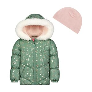 london fog baby girl's hooded puffer winter jacket with hearts pattern and matching beanie, sage, 3t