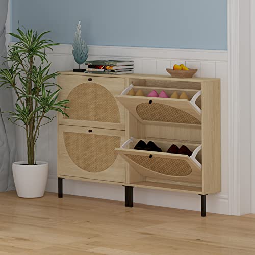 Goujxcy Natural Rattan Shoe Cabinet with 2 Flip Drawers, Modern 2-Tier Shoe Rack Storage Cabinet for Heels, Boots, Slippers, Free Standing Shoe Rack for Living Room Entrance Hallway (Brown-2 Door)