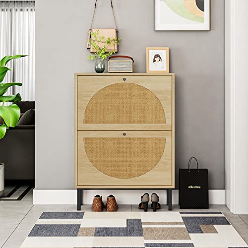 Goujxcy Natural Rattan Shoe Cabinet with 2 Flip Drawers, Modern 2-Tier Shoe Rack Storage Cabinet for Heels, Boots, Slippers, Free Standing Shoe Rack for Living Room Entrance Hallway (Brown-2 Door)