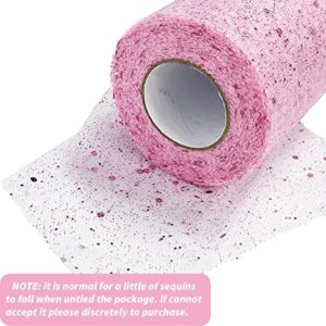 HZCHIONE Pink Tulle Glitter Sequin Tulle Fabric Rolls 6in 50 Yards Tulle Sparkle Ribbon Tulle Sequin Spool Tulle Fabric for Gift Wrapping Decoration Party Wedding Table Skirt (6in by 150 Feet)