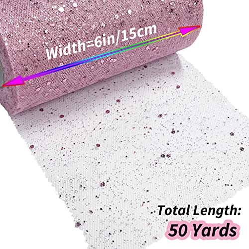 HZCHIONE Pink Tulle Glitter Sequin Tulle Fabric Rolls 6in 50 Yards Tulle Sparkle Ribbon Tulle Sequin Spool Tulle Fabric for Gift Wrapping Decoration Party Wedding Table Skirt (6in by 150 Feet)