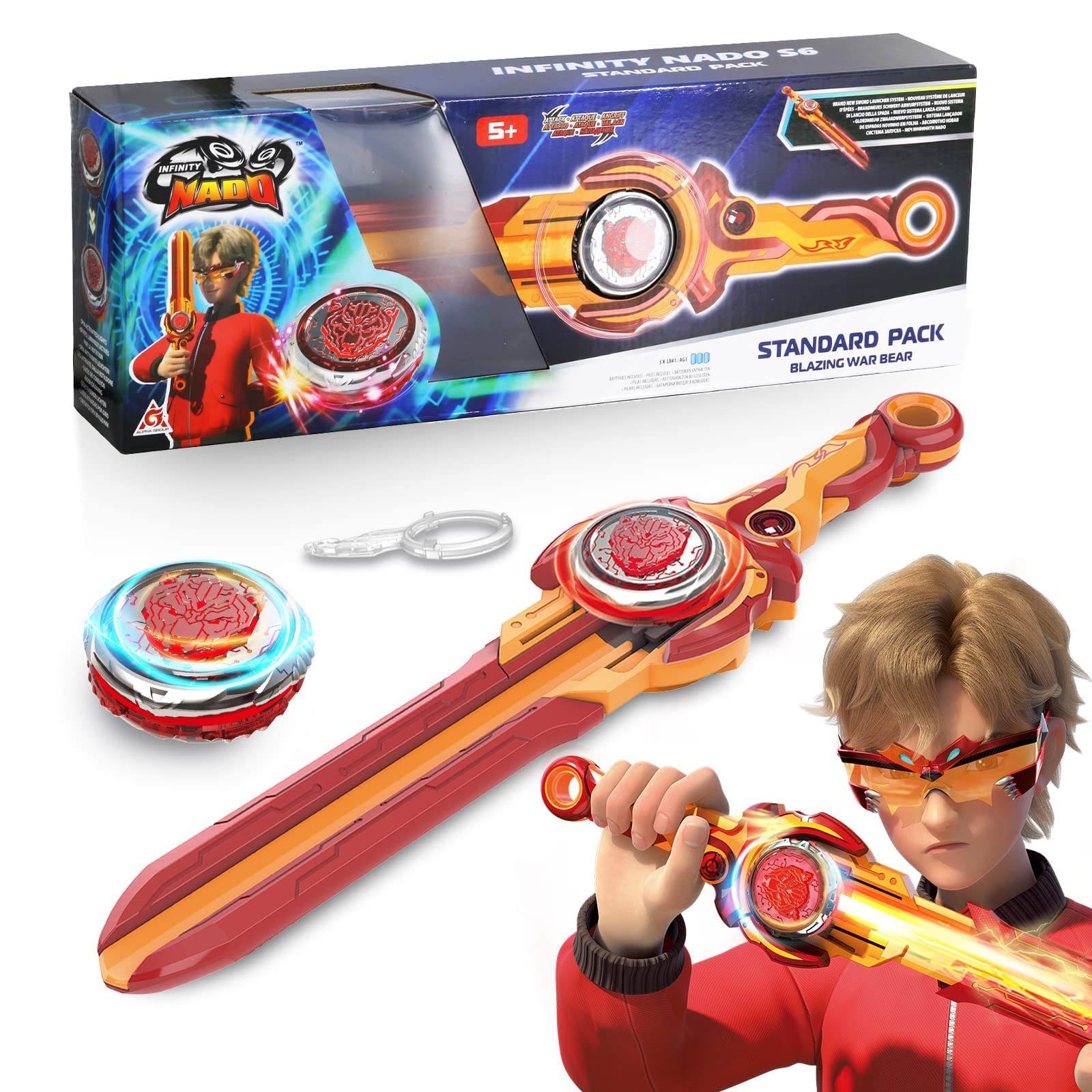 Bey Blade - Infinity Nado Bey Blade Stadium - Battling Tops Burst Toy for Boys Grils Age 8-12 - Including Gaming Top Toys, Sword Launcher - Blazing War Bear, Flame Red