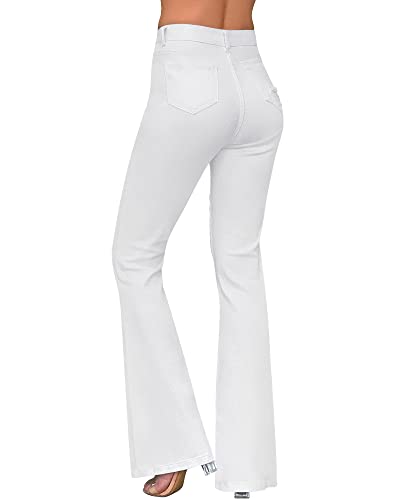 roswear Women’s High Waisted Bell Bottom Stretch Ripped Curvy Flare Jeans White Small