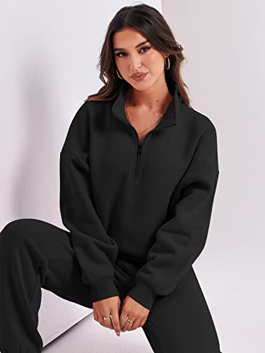 ANRABESS Women's Oversized Long Sleeve Lounge Sets Casual Top and Pants 2 Piece Outfits Sweatsuit with Pockets Black Ci776-hei-S