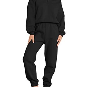 ANRABESS Women's Oversized Long Sleeve Lounge Sets Casual Top and Pants 2 Piece Outfits Sweatsuit with Pockets Black Ci776-hei-S