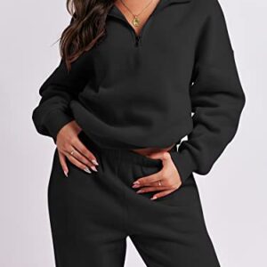 ANRABESS Women's Oversized Long Sleeve Lounge Sets Casual Top and Pants 2 Piece Outfits Sweatsuit with Pockets Black Ci776-hei-S