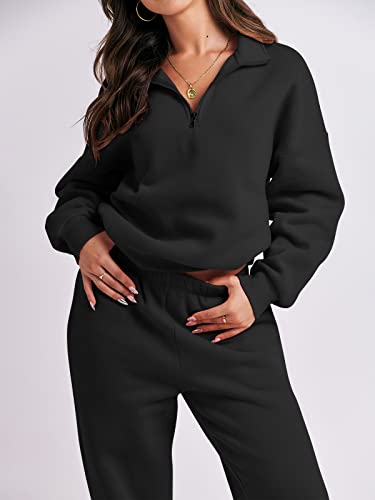 ANRABESS Women's Oversized Long Sleeve Lounge Sets Casual Top and Pants 2 Piece Outfits Sweatsuit with Pockets Black Ci776-hei-S