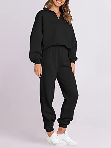 ANRABESS Women's Oversized Long Sleeve Lounge Sets Casual Top and Pants 2 Piece Outfits Sweatsuit with Pockets Black Ci776-hei-S