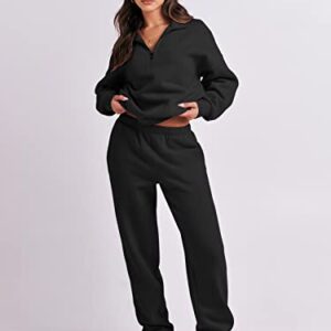 ANRABESS Women's Oversized Long Sleeve Lounge Sets Casual Top and Pants 2 Piece Outfits Sweatsuit with Pockets Black Ci776-hei-S