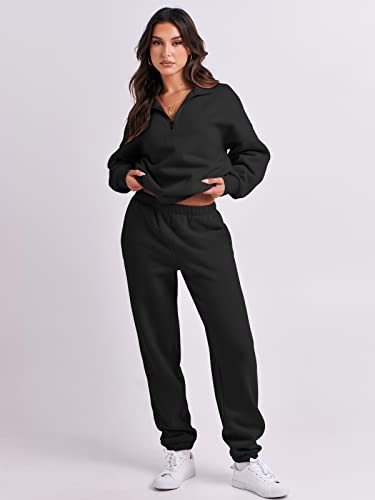 ANRABESS Women's Oversized Long Sleeve Lounge Sets Casual Top and Pants 2 Piece Outfits Sweatsuit with Pockets Black Ci776-hei-S