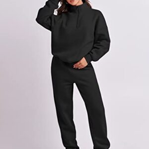 ANRABESS Women's Oversized Long Sleeve Lounge Sets Casual Top and Pants 2 Piece Outfits Sweatsuit with Pockets Black Ci776-hei-S