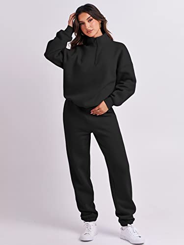 ANRABESS Women's Oversized Long Sleeve Lounge Sets Casual Top and Pants 2 Piece Outfits Sweatsuit with Pockets Black Ci776-hei-S