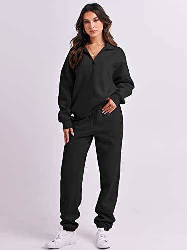 ANRABESS Women's Oversized Long Sleeve Lounge Sets Casual Top and Pants 2 Piece Outfits Sweatsuit with Pockets Black Ci776-hei-S