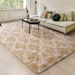 unirea shag area rug modern indoor plush fluffy rugs, super soft and fuzzy carpet, geometric moroccan rugs for bedroom living room girls kids nursery, 4x6 feet beige/white
