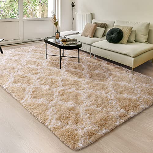 Unirea Shag Area Rug Modern Indoor Plush Fluffy Rugs, Super Soft and Fuzzy Carpet, Geometric Moroccan Rugs for Bedroom Living Room Girls Kids Nursery, 4x6 Feet Beige/White