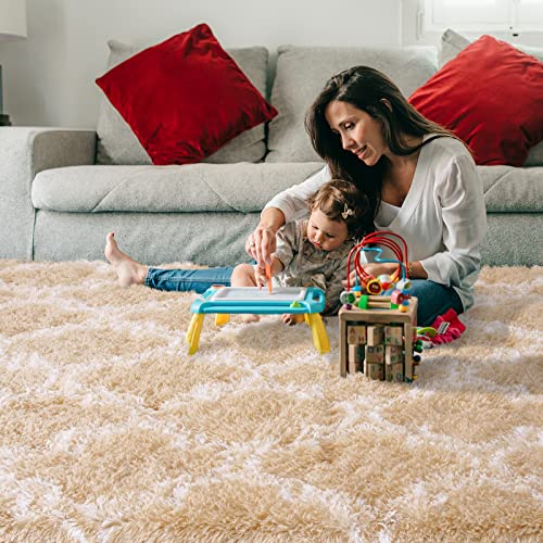 Unirea Shag Area Rug Modern Indoor Plush Fluffy Rugs, Super Soft and Fuzzy Carpet, Geometric Moroccan Rugs for Bedroom Living Room Girls Kids Nursery, 4x6 Feet Beige/White