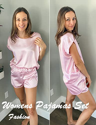 Ekouaer Women's Pajama Sets Casual Satin Pj Set 2 Piece Sleepwear Short Sleeve Silk Pajama(Navy Blue,Large)