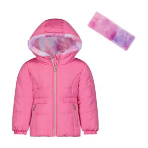london fog baby girl's hooded puffer winter jacket with matching headband, pink, 4t