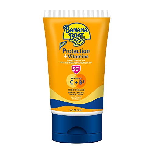 Banana Boat Protection + Vitamins Sunscreen Lotion SPF 50 | Moisturizing Sunscreen with Vitamin C & Niacinamide | Banana Boat Sunscreen Lotion, Vitamin B3 & Vitamin C Sunscreen, 4.5 oz.