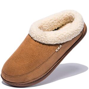 newdenber women's warm memory foam slippers suede plush fleece lined slip on indoor outdoor house shoes (8-9 b(m) us, tan)