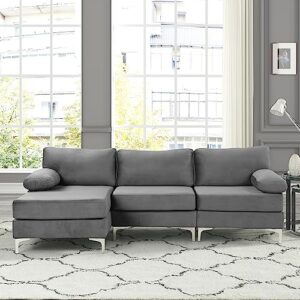 casa andrea milano modern large velvet fabric sectional sofa, l-shape couch with extra wide chaise lounge, grey