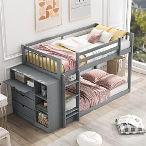 p purlove twin over twin bunk bed with attached cabinet and shelves storage, wooden bunk bed frame with ladder and guardrail, for teens girls boys, gray