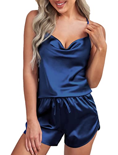 MAXMODA Silk Lingerie for Women Sexy Pjs Set Cowl Neck Pajamas Set Cami Shorts Set Bride Pj Wedding Set (Navy Blue, XL)