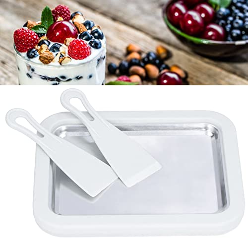 Rolled Ice Cream Maker for Kids, Unplugged Stainless Steel Instant Ice Cream Maker Fried Yogurt Machine Fruit Ice Cream Plate Fried Ice Tray with 2 Spatulas for Household(White)