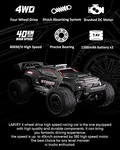 LARVEY 1:18 Scale 4WD Off-Road 40KM/H High Speed Remote Control Car, All Terrains Remote Control Truck with LED Lights, 2.4GHz Remote Control, rc Cars for Boys Age 8-12