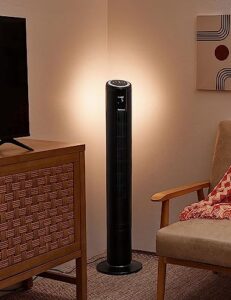 holmes 42" digital tower fan with accent light, clearread display, high/low brightness level, 90° oscillation, 5 speeds, 4 modes, 8-hour timer, home, bedroom or office, remote control, matte black