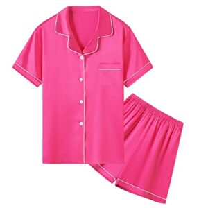 silk pajamas sets for women, 2 pcs sleepwear silk button-down pj lounge set, hot pink, us xs