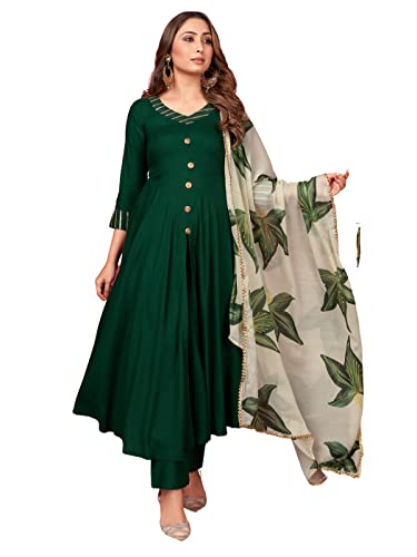 Indian Kurti for Womens With Pant & Dupatta | Rayon Foil Printed Long Kurta Partywear Kurtis For Women Tunic Tops Dark Green