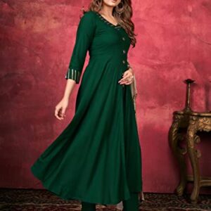 Indian Kurti for Womens With Pant & Dupatta | Rayon Foil Printed Long Kurta Partywear Kurtis For Women Tunic Tops Dark Green