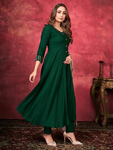 Indian Kurti for Womens With Pant & Dupatta | Rayon Foil Printed Long Kurta Partywear Kurtis For Women Tunic Tops Dark Green