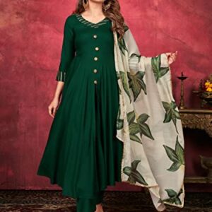 Indian Kurti for Womens With Pant & Dupatta | Rayon Foil Printed Long Kurta Partywear Kurtis For Women Tunic Tops Dark Green