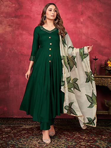 Indian Kurti for Womens With Pant & Dupatta | Rayon Foil Printed Long Kurta Partywear Kurtis For Women Tunic Tops Dark Green