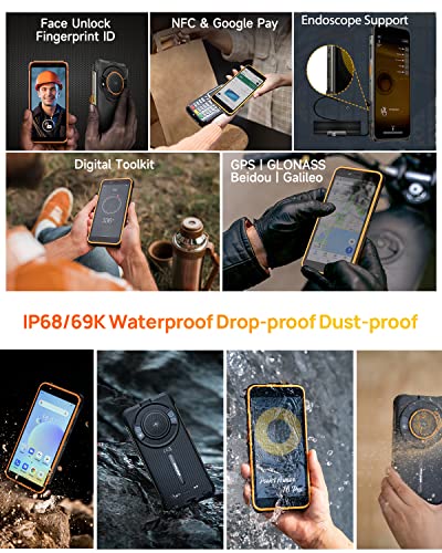 Ulefone Rugged Smartphone, Power Armor 16 Pro 9600mAh Battery, Android 12 4GB+64GB Rugged Phone, 16MP Rear Camera, 5.93" HD+ Screen, 3.5W Loud Speaker, Built-in Glare Flashlight, Dual SIM 4G-Orange