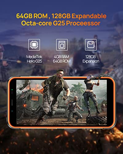 Ulefone Rugged Smartphone, Power Armor 16 Pro 9600mAh Battery, Android 12 4GB+64GB Rugged Phone, 16MP Rear Camera, 5.93" HD+ Screen, 3.5W Loud Speaker, Built-in Glare Flashlight, Dual SIM 4G-Orange