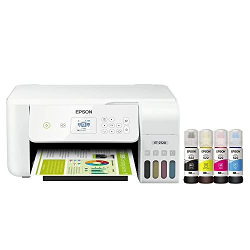 Epson (Renewed) EcoTank ET-2720 Wireless All-in-One Supertank Color Inkjet Printer, White - Print Scan Copy - 10.5 ppm, 5760 x 1440 dpi, 1.44" LCD, Voice Activated, Ethernet, Borderless Print