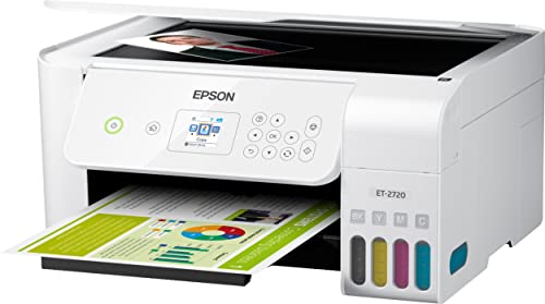 Epson (Renewed) EcoTank ET-2720 Wireless All-in-One Supertank Color Inkjet Printer, White - Print Scan Copy - 10.5 ppm, 5760 x 1440 dpi, 1.44" LCD, Voice Activated, Ethernet, Borderless Print