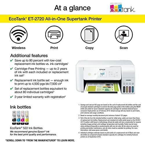 Epson (Renewed) EcoTank ET-2720 Wireless All-in-One Supertank Color Inkjet Printer, White - Print Scan Copy - 10.5 ppm, 5760 x 1440 dpi, 1.44" LCD, Voice Activated, Ethernet, Borderless Print