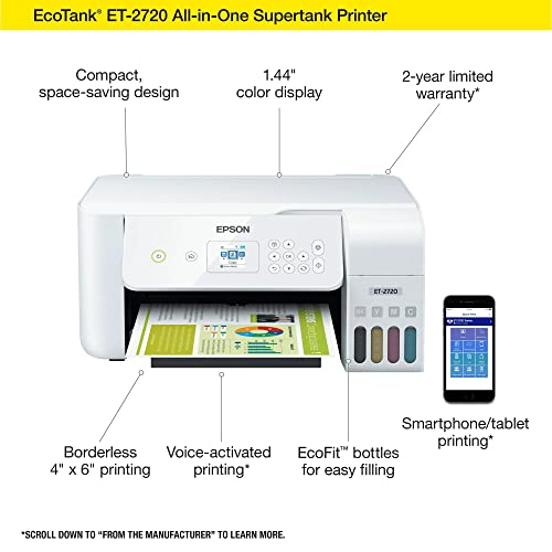 Epson (Renewed) EcoTank ET-2720 Wireless All-in-One Supertank Color Inkjet Printer, White - Print Scan Copy - 10.5 ppm, 5760 x 1440 dpi, 1.44" LCD, Voice Activated, Ethernet, Borderless Print