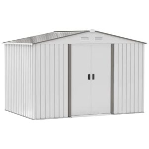 outsunny 9' x 6' metal storage shed, garden tool house with floor foundation, double sliding doors, 4 air vents for backyard, patio, lawn, silver