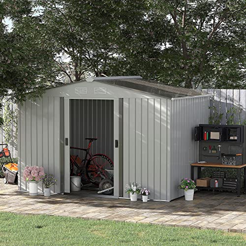 Outsunny 9' x 6' Metal Storage Shed, Garden Tool House with Floor Foundation, Double Sliding Doors, 4 Air Vents for Backyard, Patio, Lawn, Silver