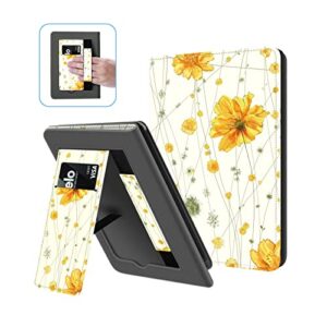 ayotu stand case for 6" all-new kindle 11th generation 2022 release, premium pu leather cover with hand strap, auto sleep/wake and back cover adsorption, only for basic kindle 2022, yellow flowers